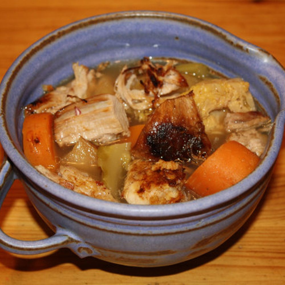 Pork belly, apple and vegetable stew with apple cider