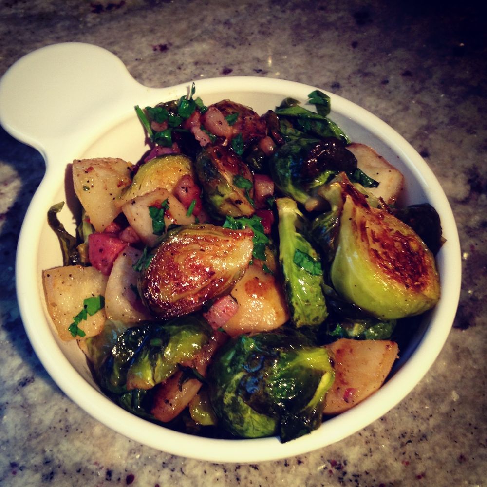 roasted brussels sprouts with pear, pancetta, meyer lemon, and chili