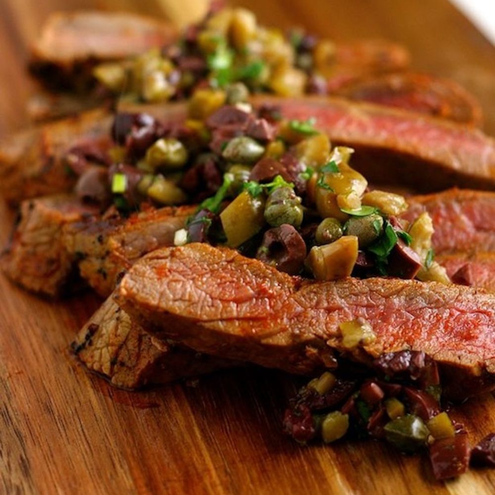 grilled flank steaks with sicilian olive tapenade