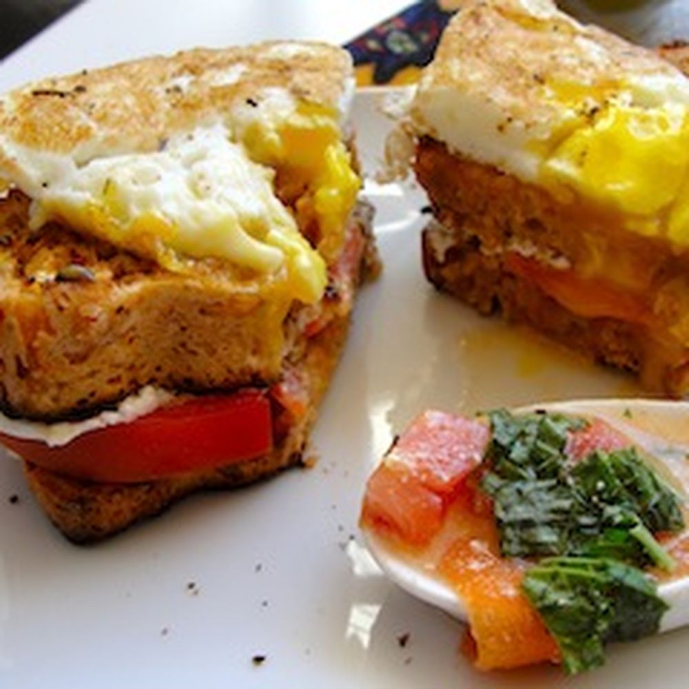 tomato, carrot, and beet soup with pulp bread croque madame