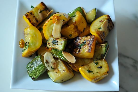 Zucchini and Summer Squash with Chili, Mint and Toasted Almonds