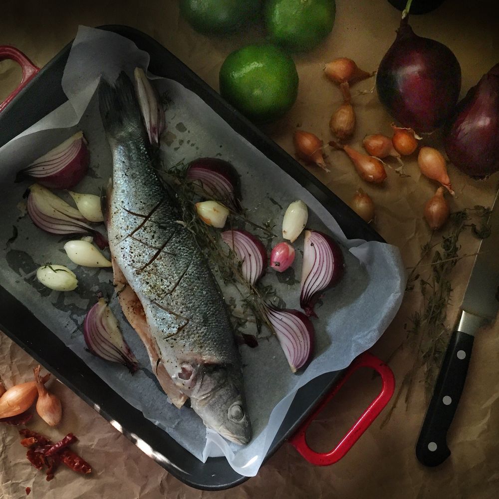 roasted seabass with shallots & red onions