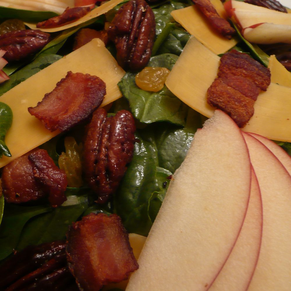 spinach salad with apples, cheddar and honey roasted pecans