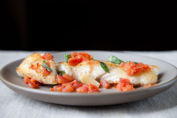 Halibut with Basil, Garlic and Tomato by April380