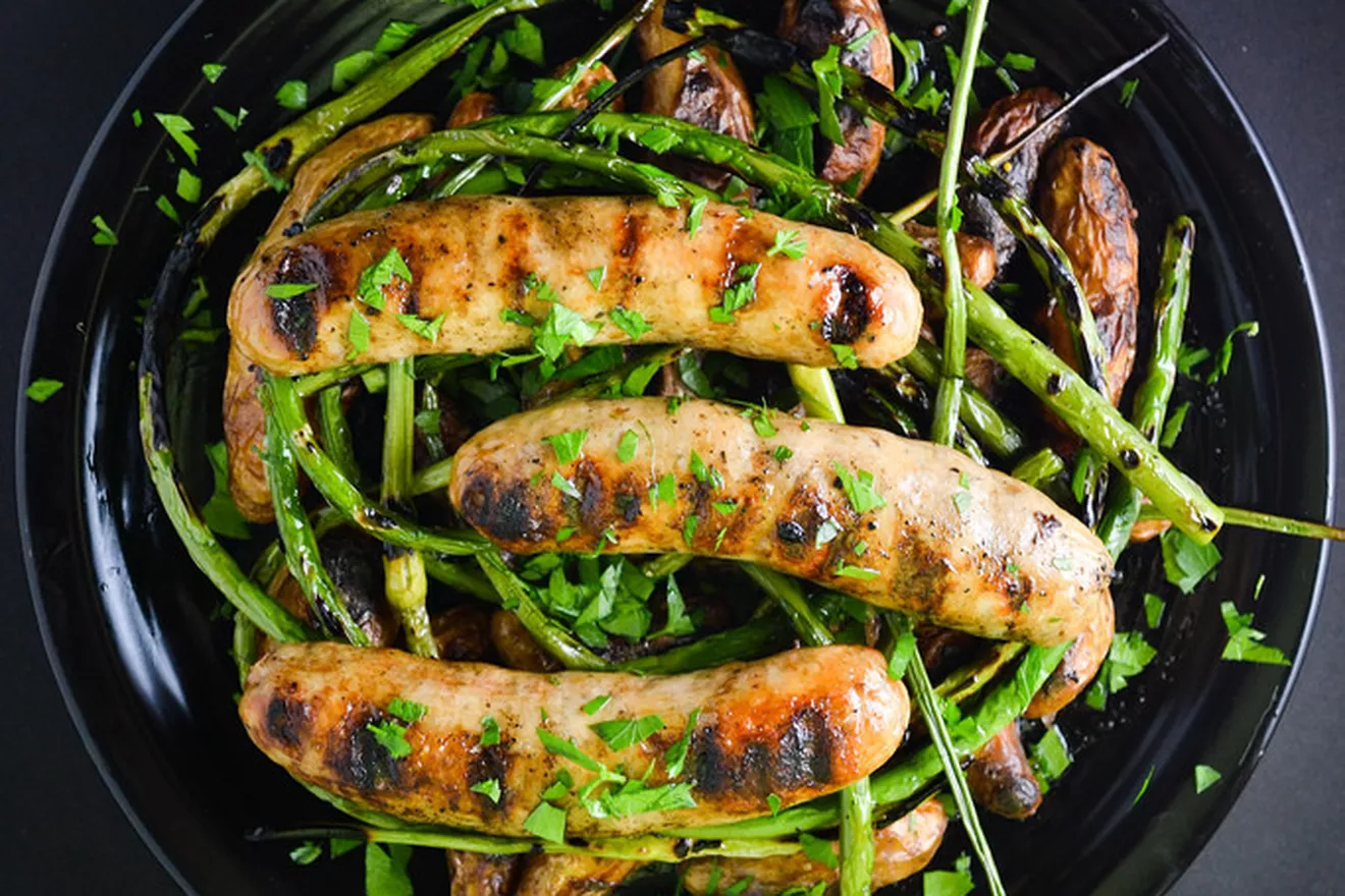 Grilled Sausage with Potatoes and Garlic Scapes