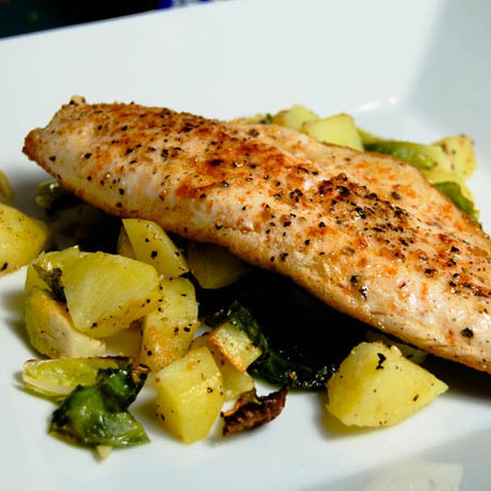 pan seared trout w/ roasted brussels sprouts & potatoes