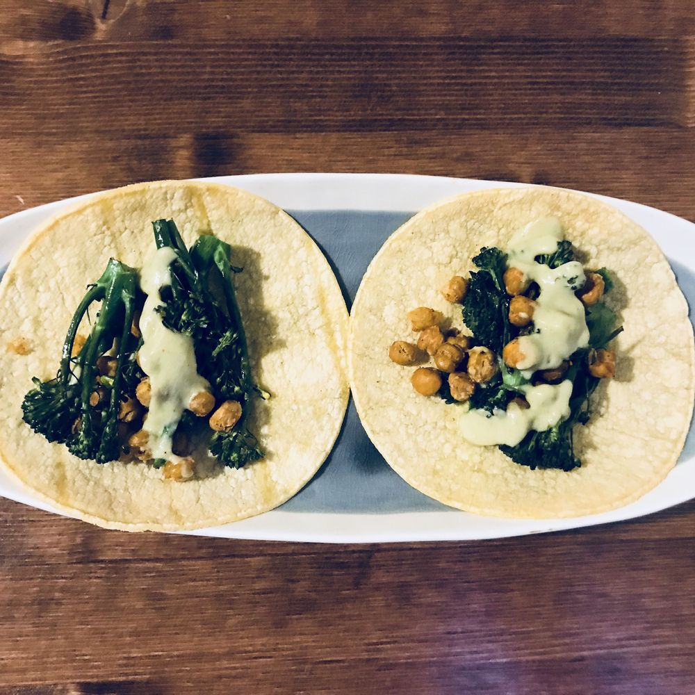 Crispy chickpea and broccolini tacos with avocado crema