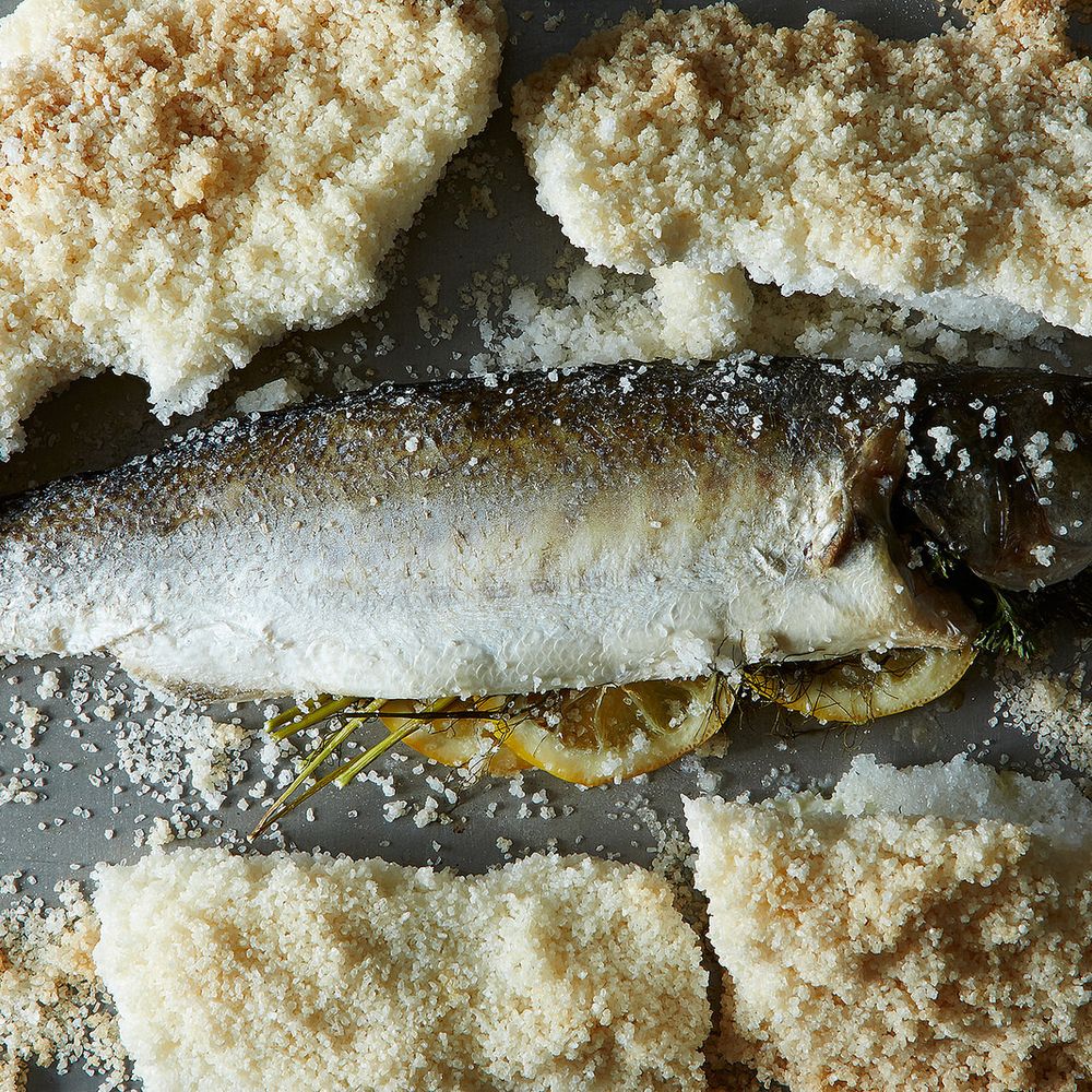whole baked fish in sea salt with parsley gremolata
