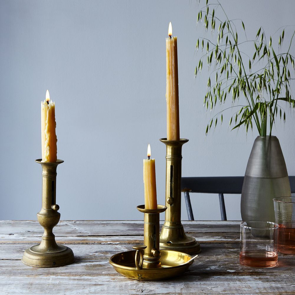2) Antique Brass Candlesticks (1) Push Up, (1) Finger Candle