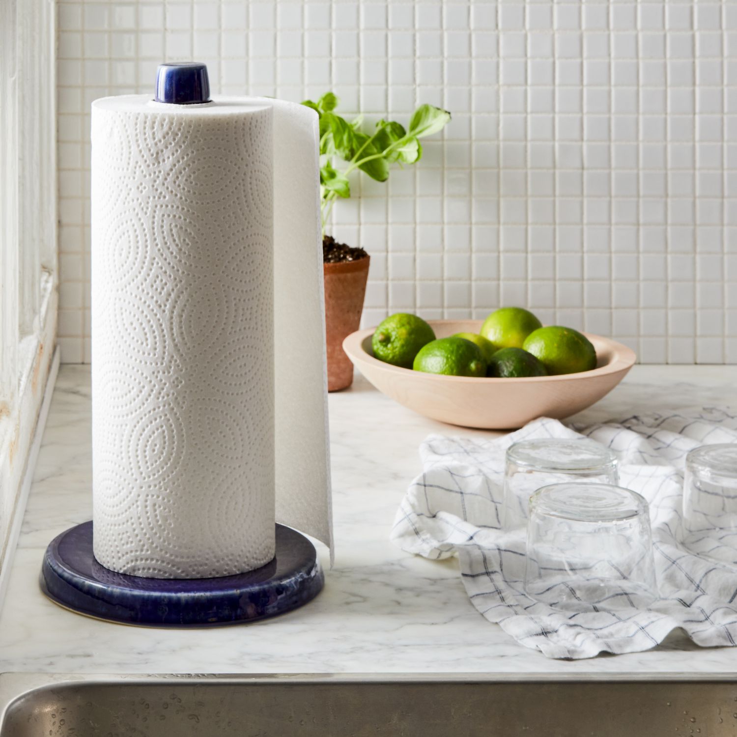 Casafina Blue Speckled Paper Towel Holder, Stoneware & Wood