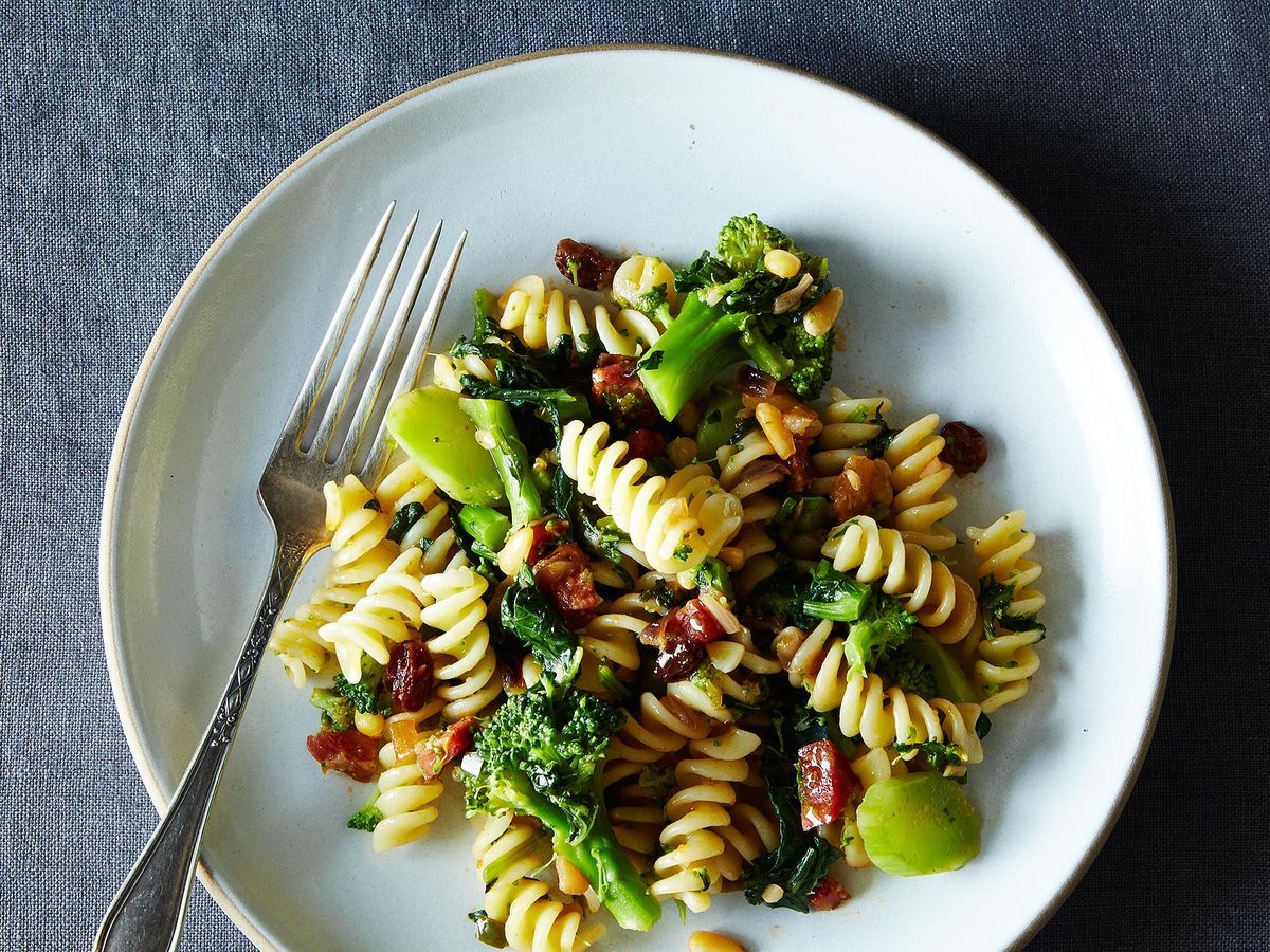 The Splendid Table's Pasta with Two Broccolis and Raisin-Pine Nut Sauce
