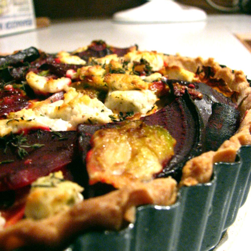 savory beet and brussels sprout tart