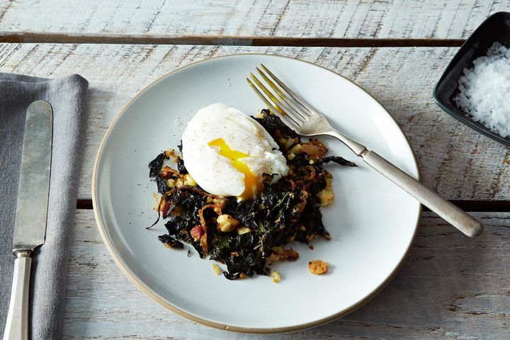 Slow-Cooked Tuscan Kale with Pancetta, Bread Crumbs, and a Poached Egg