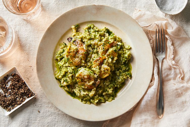 Pesto Risotto for One With Shrimp
