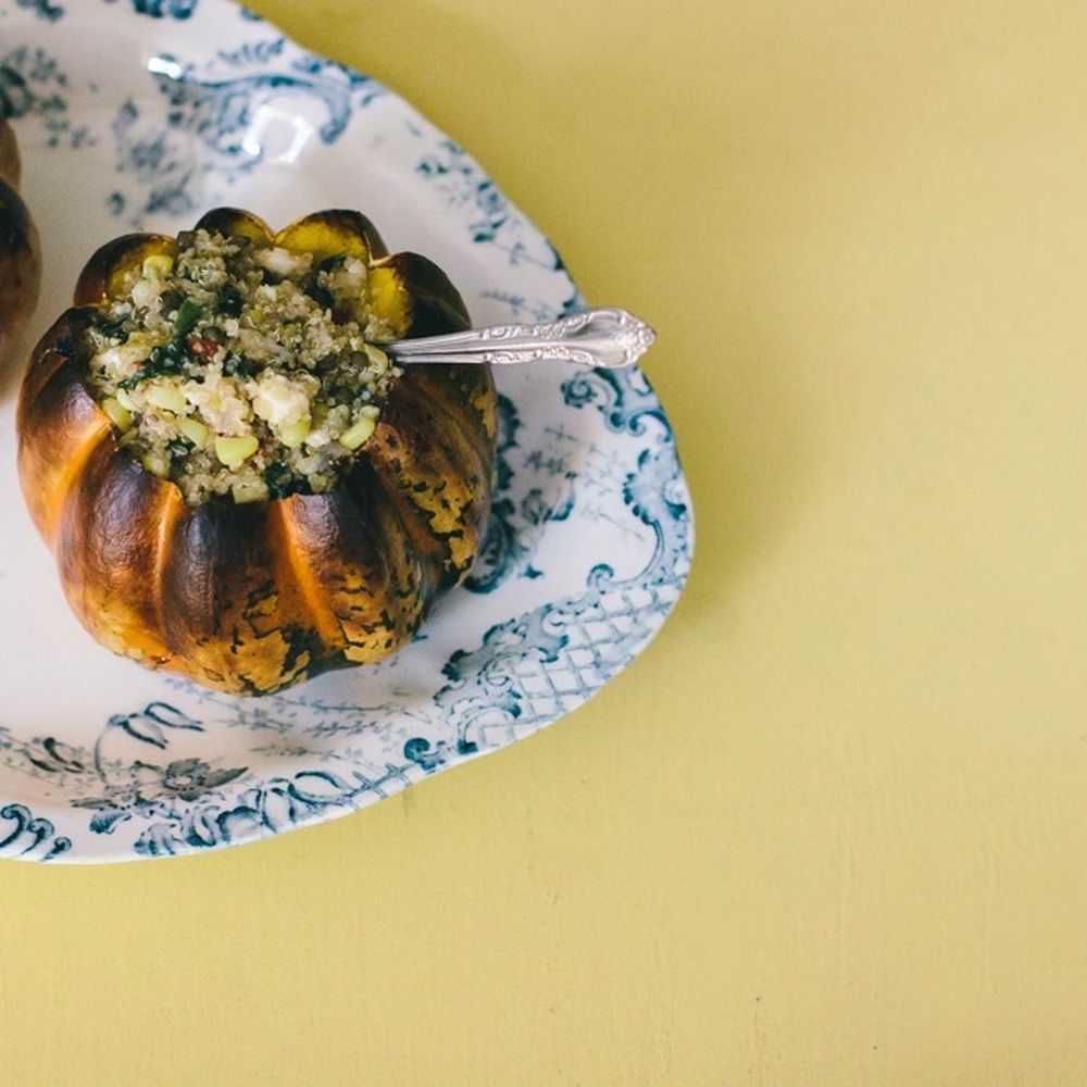 Carnival squash stuffed with quinoa, corn, and french lentils