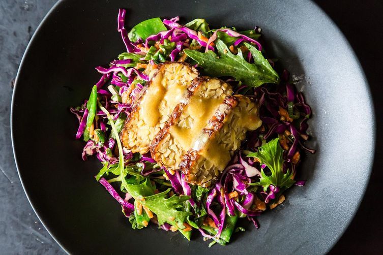 Snow Pea, Cabbage and Mizuna Salad with Tempeh on Food52