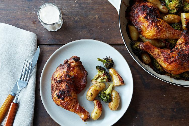 Roasted Achiote Chicken with Potatoes, Broccoli, and Tangerine Aioli