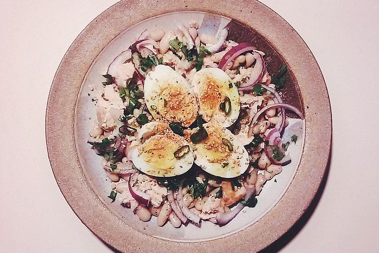 White Bean and Tuna Salad with Hard Boiled Eggs and Dukkah 