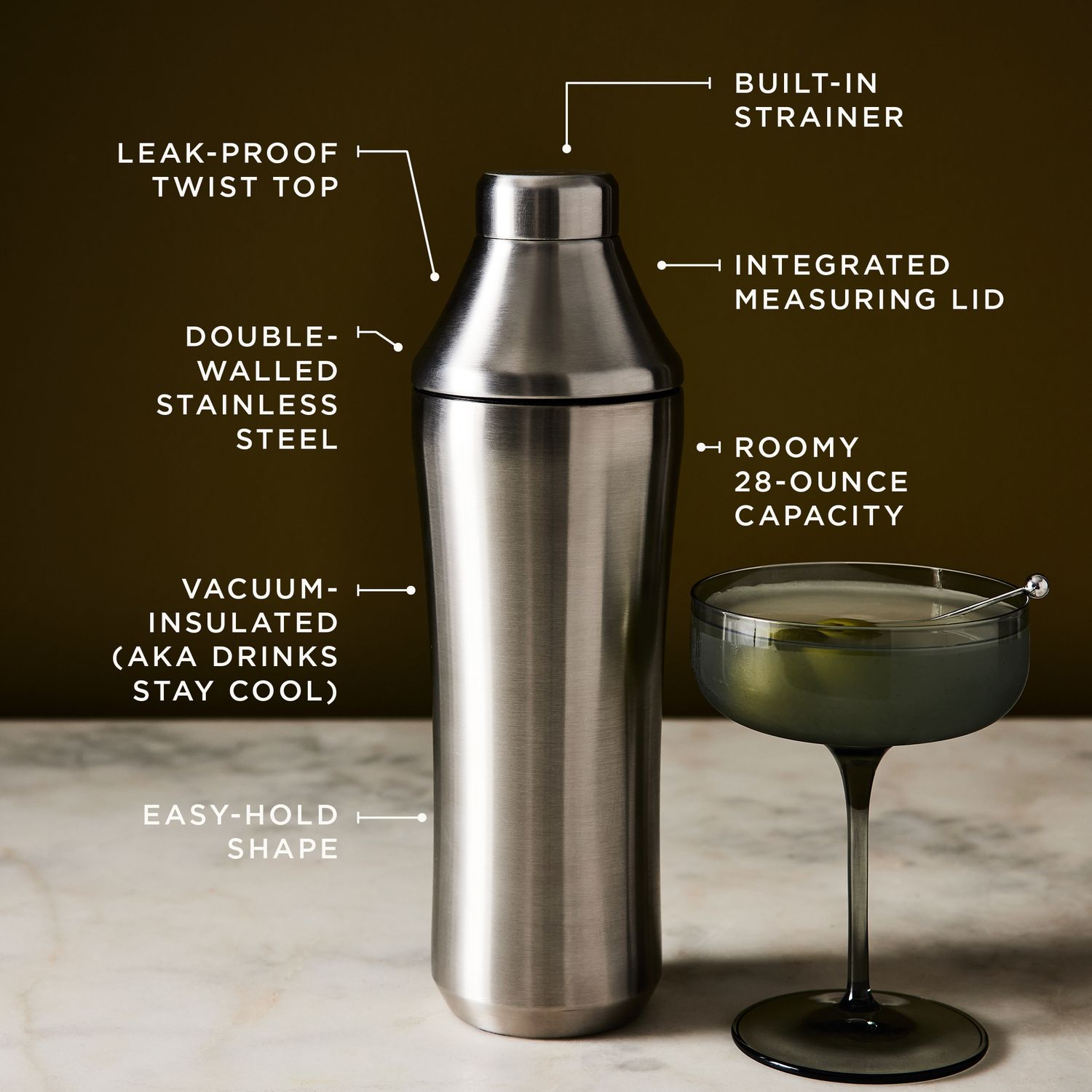 Elevated Craft Hybrid Cocktail Shaker, Stainless Steel, Leak-Proof