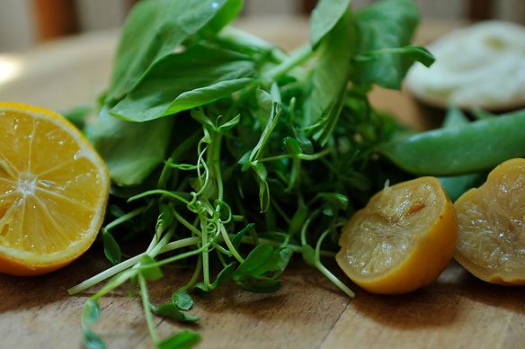 Pea Shoots and Sugar Snaps with Preserved Lemon Cream