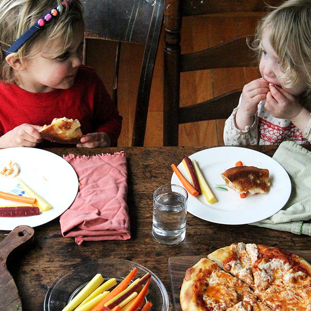 kids' skillet pizza: jarred sauce + mozzarella