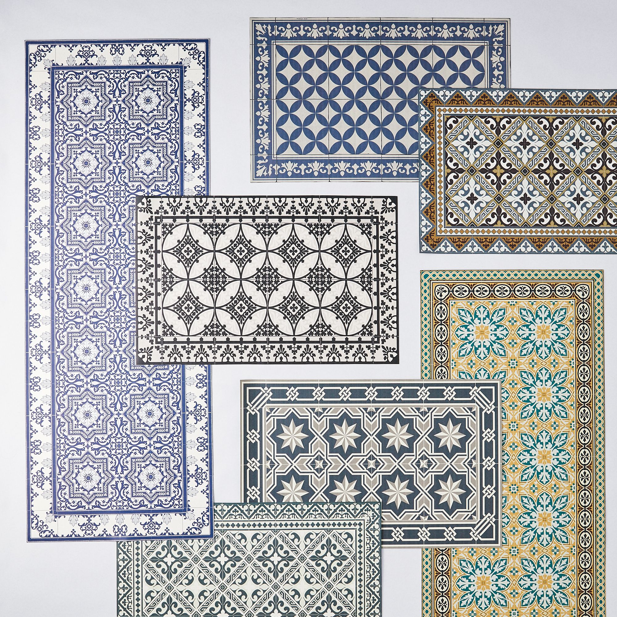 Blue Kitchen Rug Printed on Vinyl Floor Mat. Spanish Tiles 