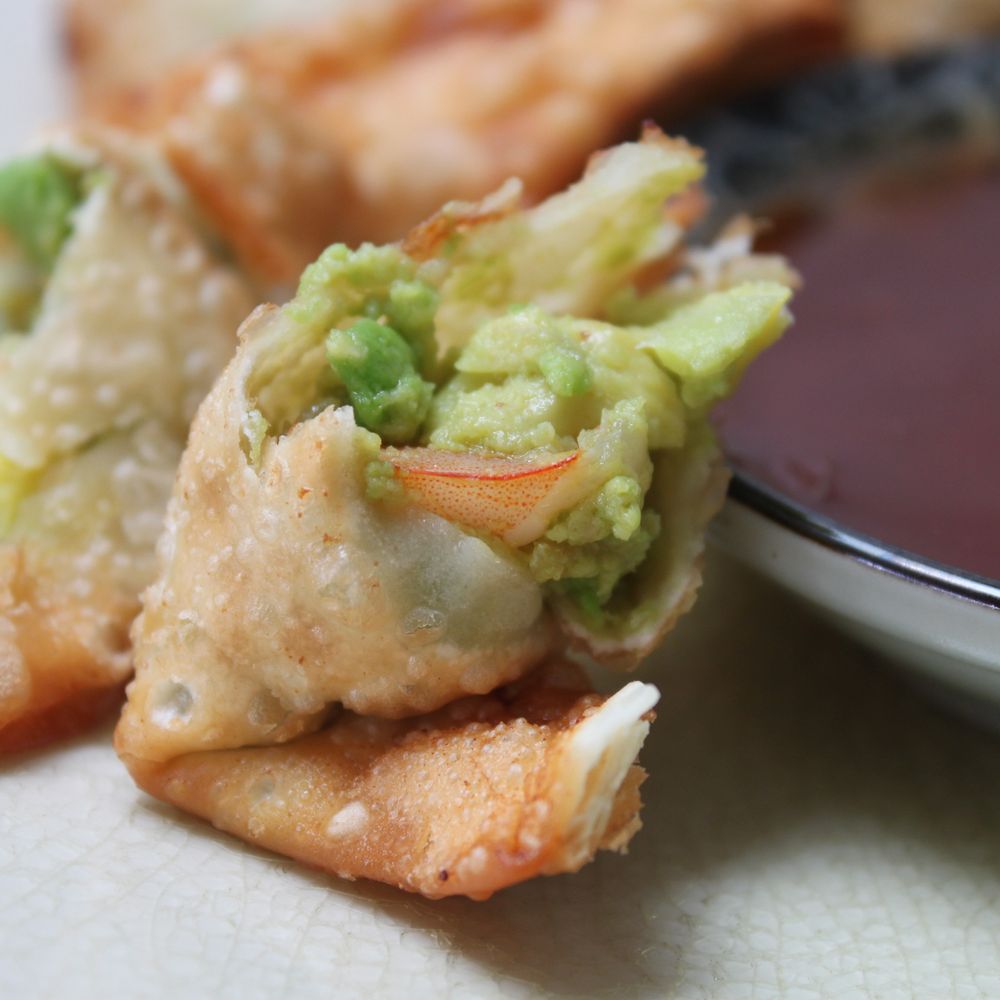 shrimp and avocado rangoons with grapefruit sweet and sour dipping sauce