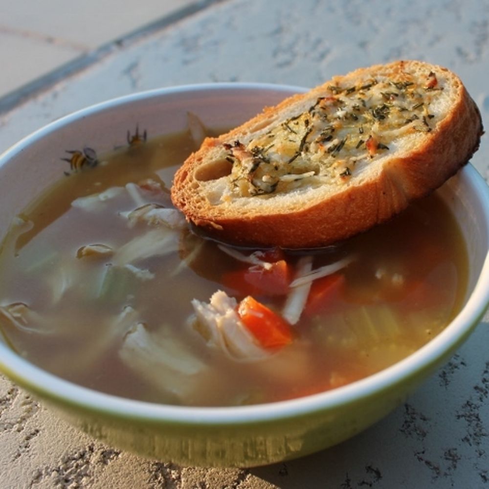 lemony roasted chicken soup with rosemary croutons