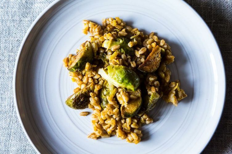 Farro with Leeks and Balsamic Roasted Brussels Sprouts