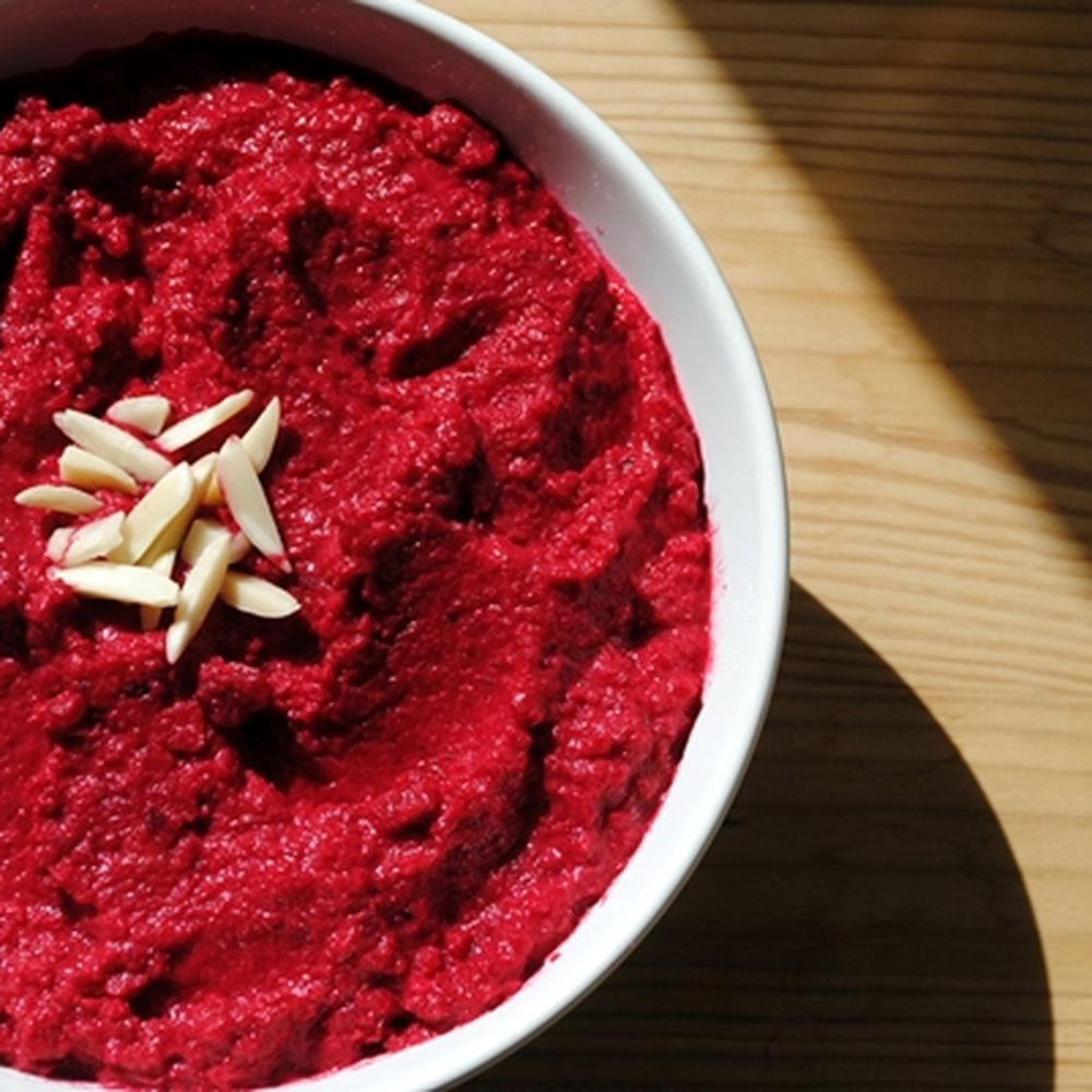Garlicky beet, chickpea and almond dip