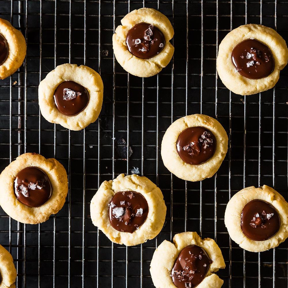 Almond thumbprint cookies with dark chocolate and sea salt