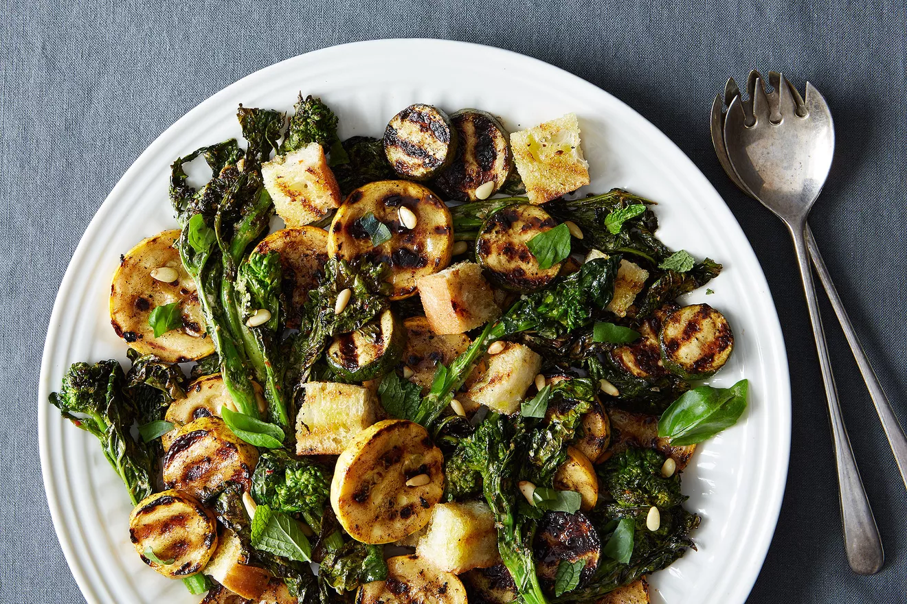 grilled panzanella with summer squash and broccoli rabe