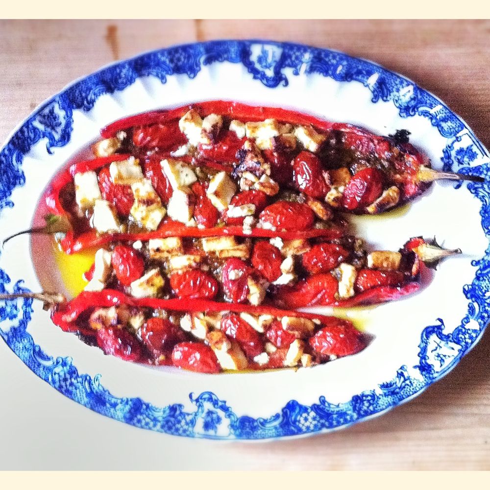 sweet red peppers with feta and pesto