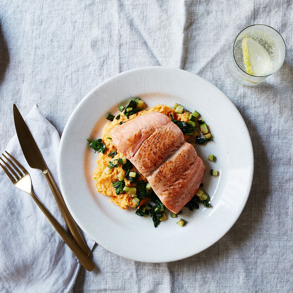 butter-basted salmon with buttermilk garlic mashed sweet potatoes