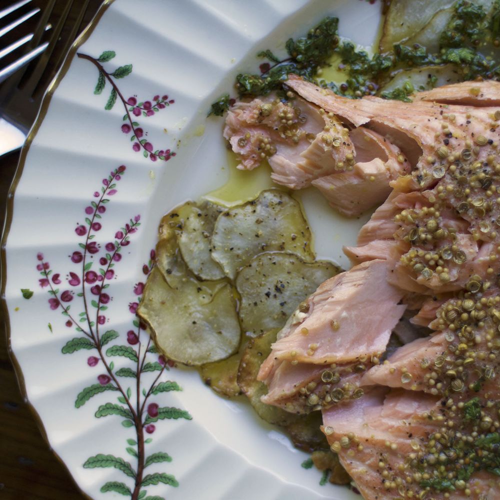 roasted salmon with sunchoke galettes and parsley vinaigrette