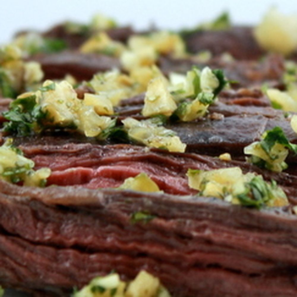 broiled marinated skirt steak with cilantro and preserved lemon gremolata