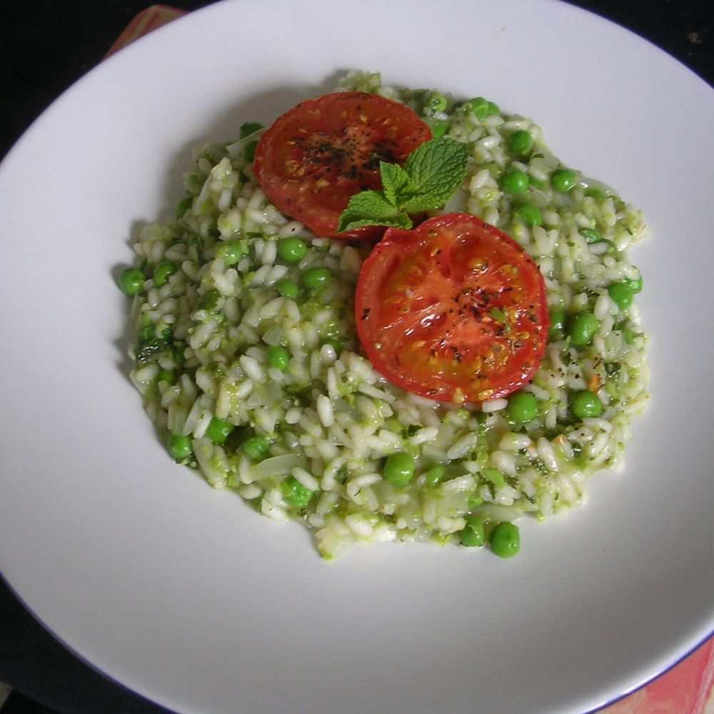 mint and green pea risotto, with roasted tomatoes
