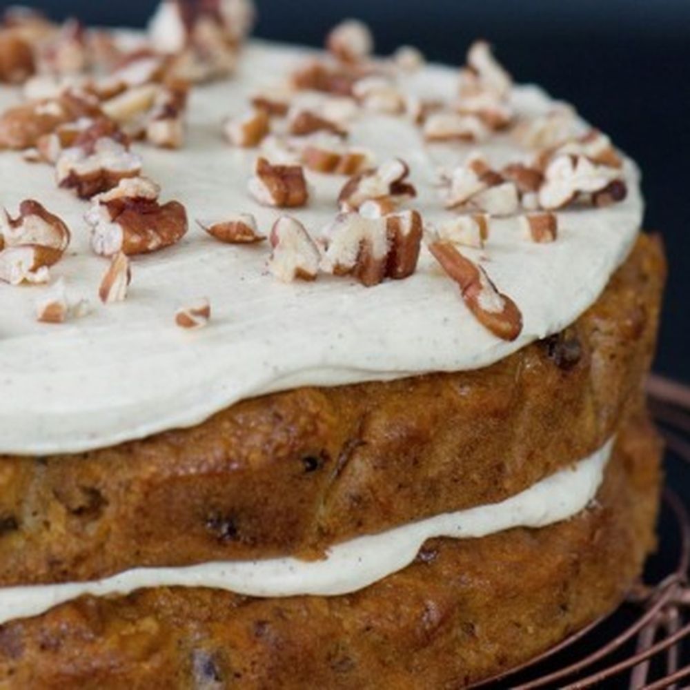 double layer carrot and pecan cake with nutmeg icing