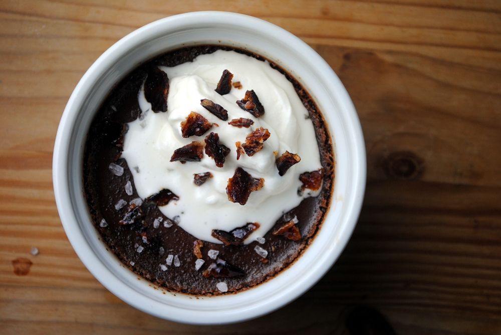 Spiced Chocolate Pots de Creme with Candied Bacon and Maple Cream on Food52