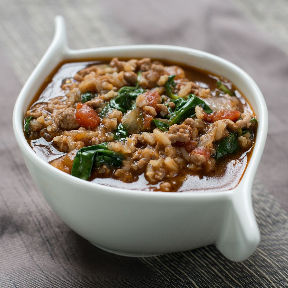 spinach, tomato, lamb and rice broth