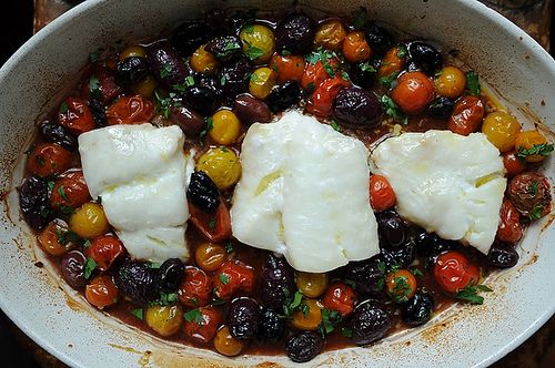 Roast Cod with Little Tomatoes and Assorted Olives