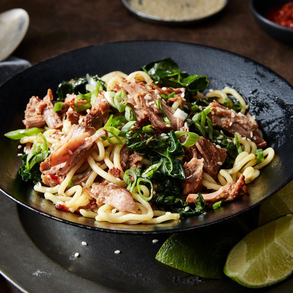 Instant pot (or not) soy-ginger pork with noodles and greens