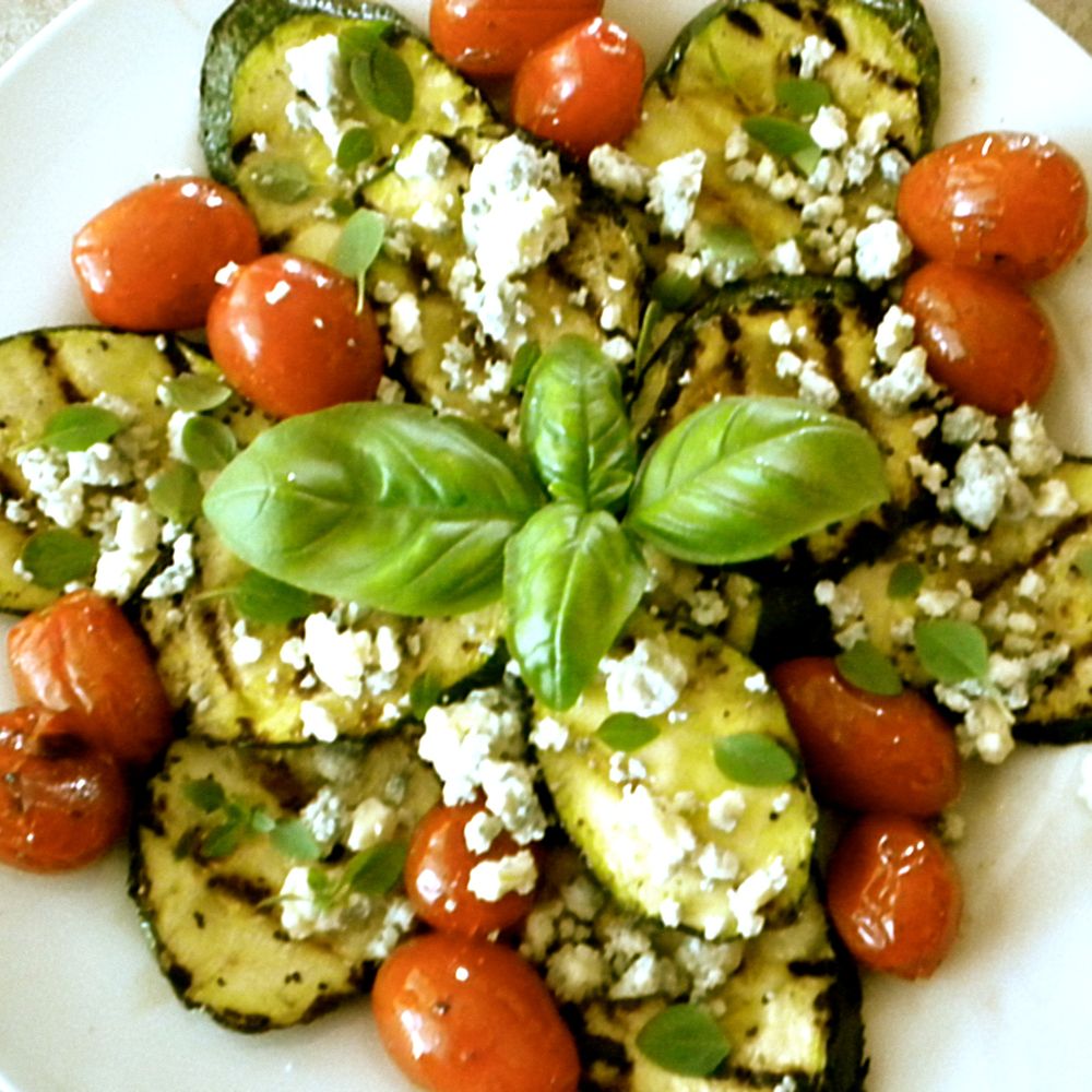 grilled zucchini and tomatoes with blue cheese and basil