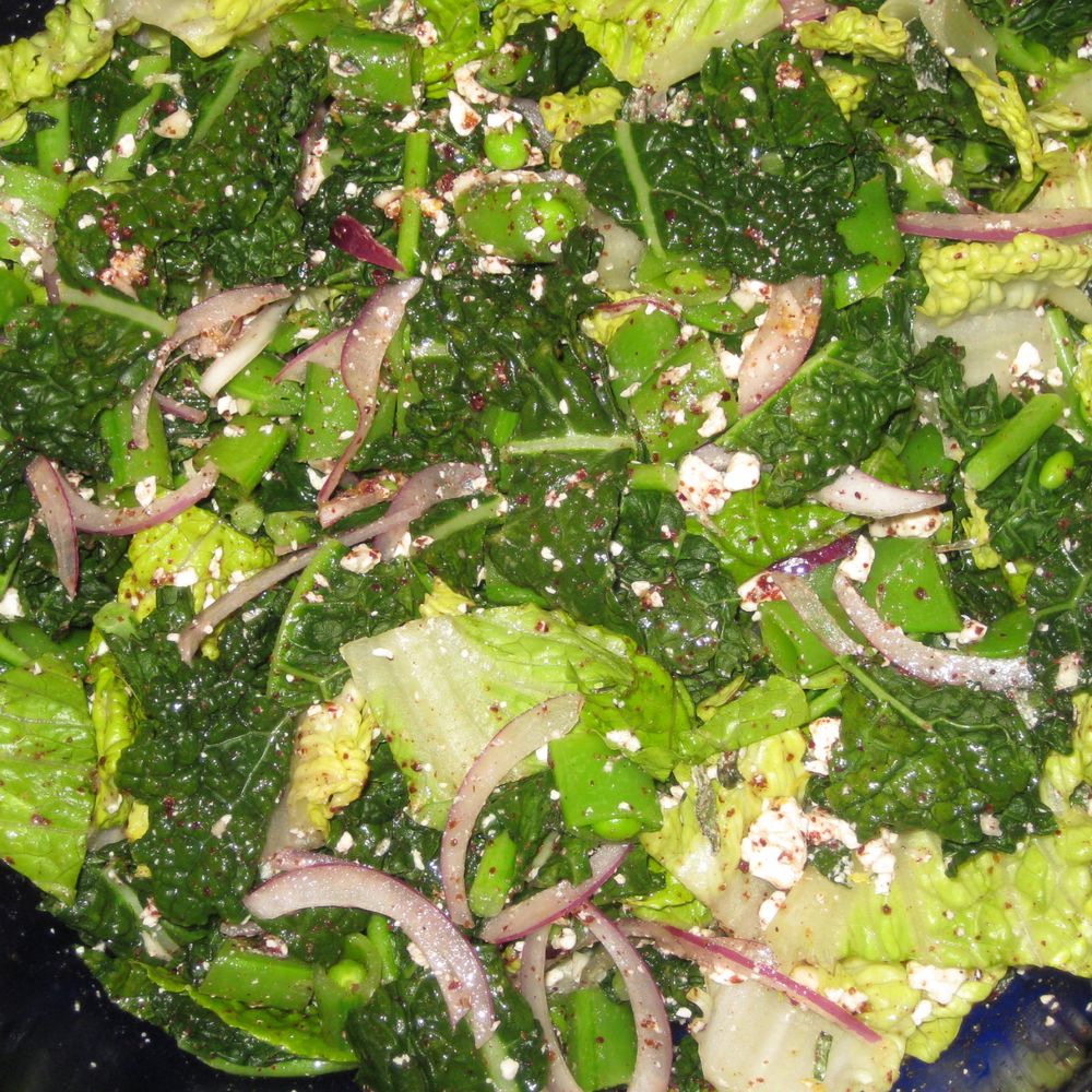 salad with kale, snap peas and lemony feta dressing