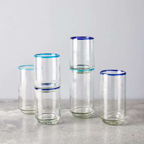 Sobremesa Hand-Blown Color Rim Recycled Glasses (Set of 4), 2 Blue