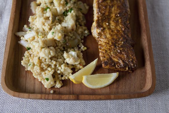 Saffron-Scented Vegetable Couscous with North African-Spiced Halibut