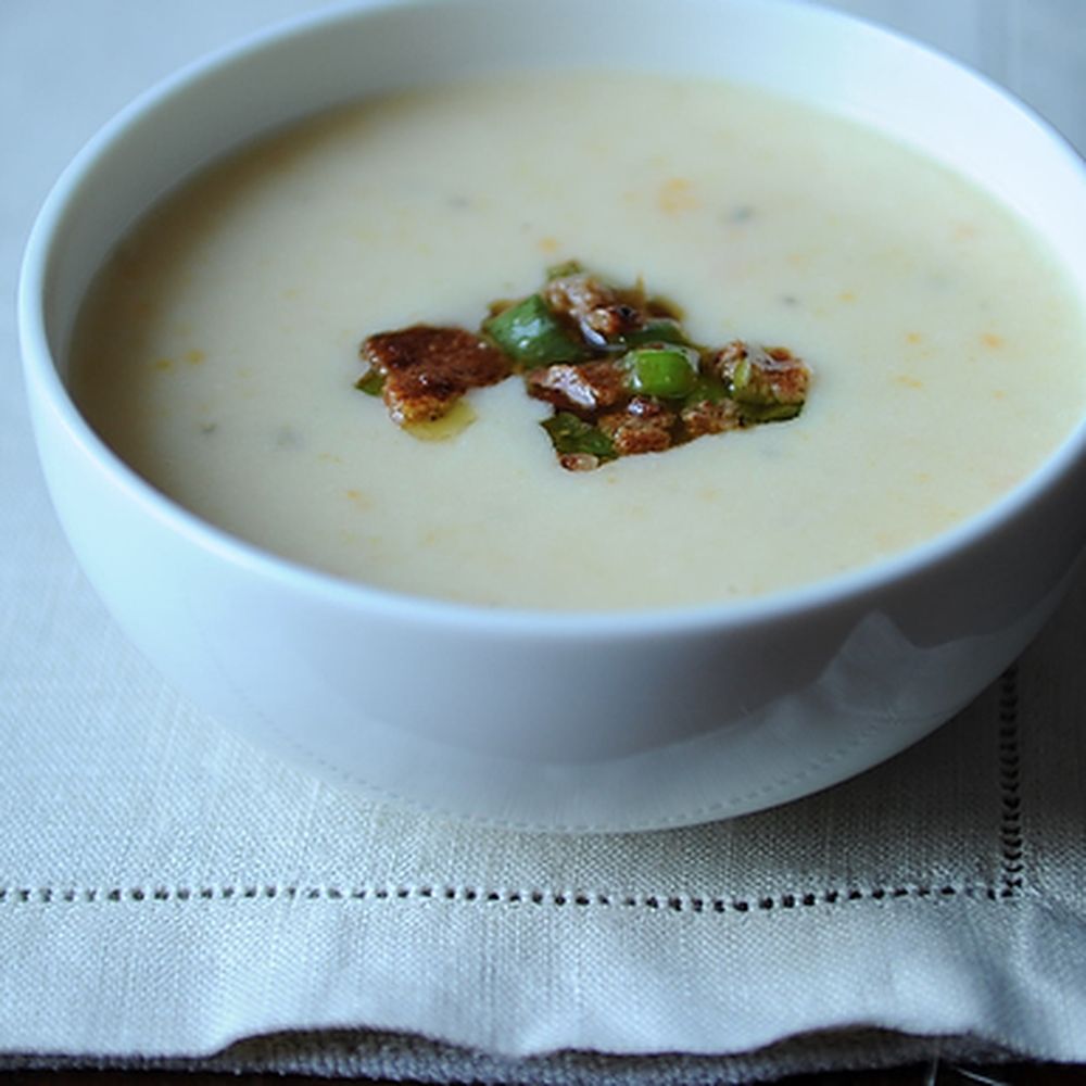 Creamy potato soup with bacon vinaigrette