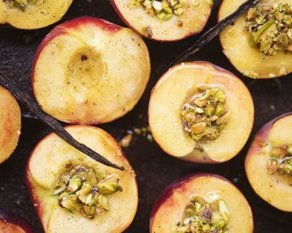 Vanilla Peaches with Pistachio Crumble from Food52