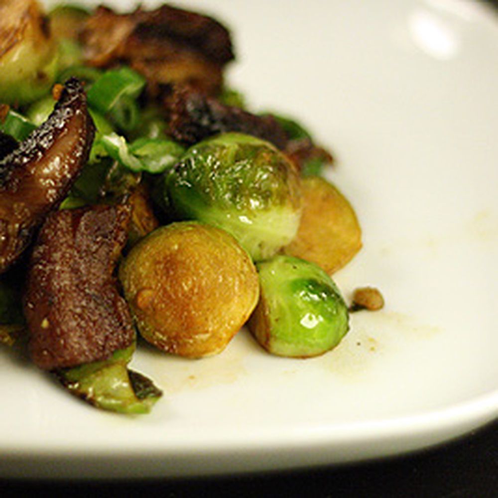 crispy garlic brussels sprouts with amazing soy and honey pork belly