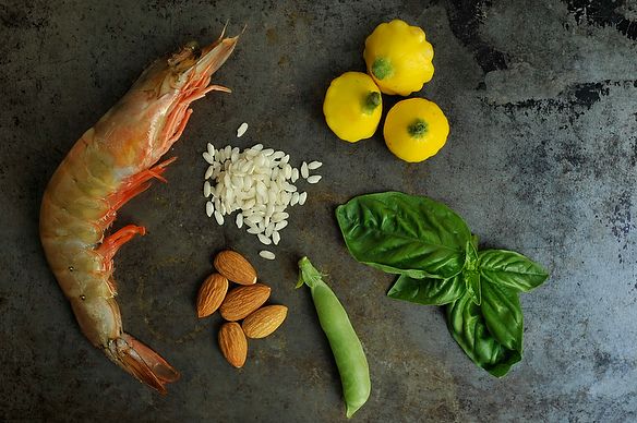 Shrimp and Sugar Snap Peas Risotto with an Almond-Basil Pesto